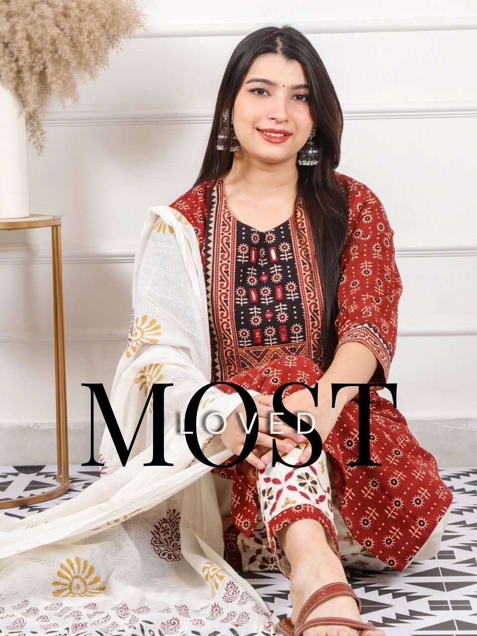 Chaahat Barn Red Kutch Mirror Neck Work Print Cotton 3 Piece Set-D6