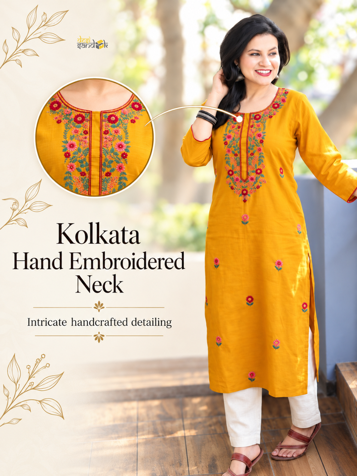 Shristhi Turmeric Yellow Kolkata Hand Embroidered Cotton Kurti