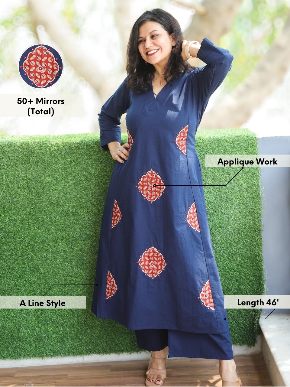 Chanda Navy Blue V Neck Applique Work with Mirror Cotton Co-Ord Set