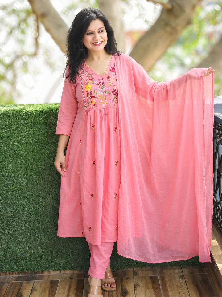 Shiwangi Candy Pink Embroidered Mul Cotton 3 Piece Set