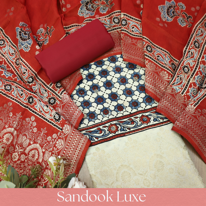 Musafir Pearl White Zari Woven Hem Ajrak Printed Dola Silk Set