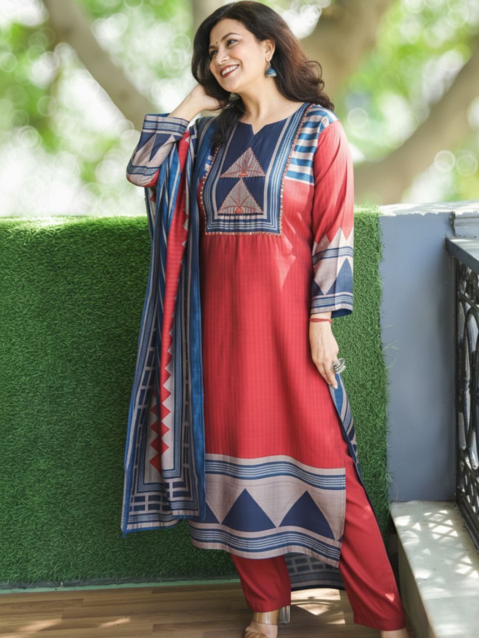Mayra Cherry Red Thread with Mirror Detailing Printed Yoke Modal 3 Piece Set D2