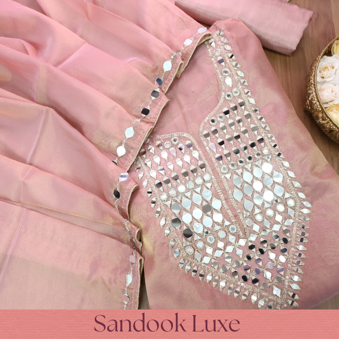 Nandini Softy Pink Zari with Mirror Work Shimmer Tissue Linen Set