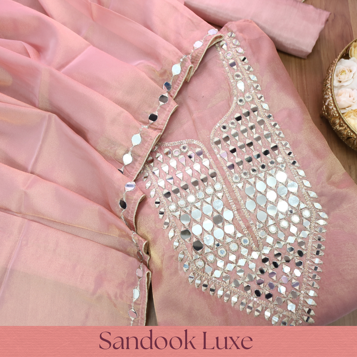 Nandini Softy Pink Zari with Mirror Work Shimmer Tissue Linen Set