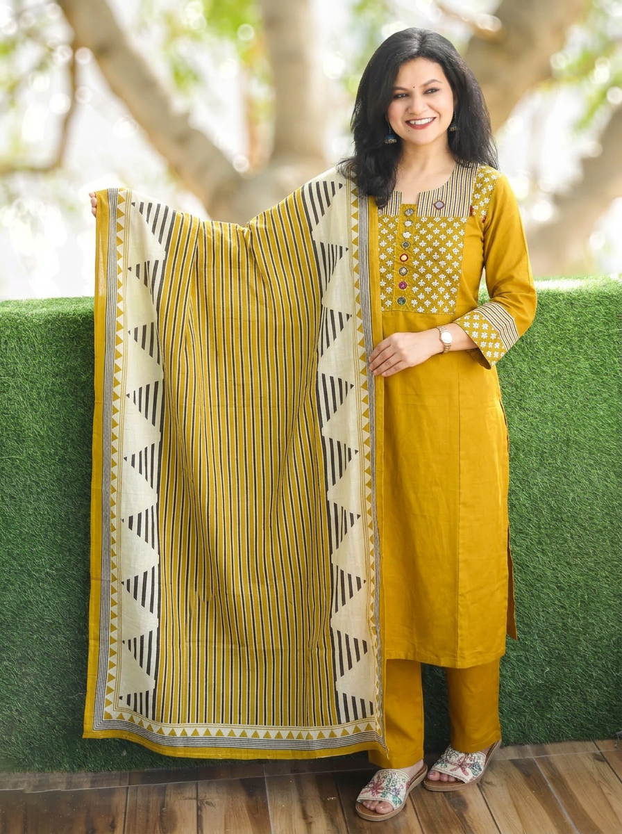 Jessica Turmeric Yellow Mirror Yoke Cotton 3 Piece Set
