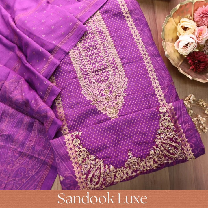 Naari Jamuni Puple Zari Woven Brocade Patch Silk Set