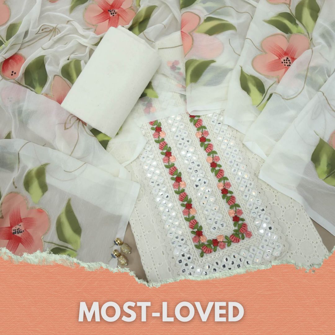 Dua Creamy White Schiffli Cotton Suit with Hand Painted Chiffon Dupatt ...
