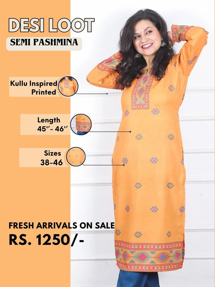 Zinat Fire Orange Kullu inspired Printed Semi Pashmina Kurti