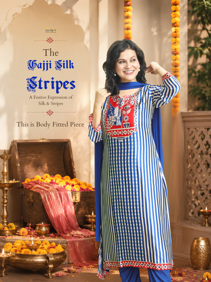 Bilori Blue Peacock Printed Yoke Gajji Silk 3 Piece Set