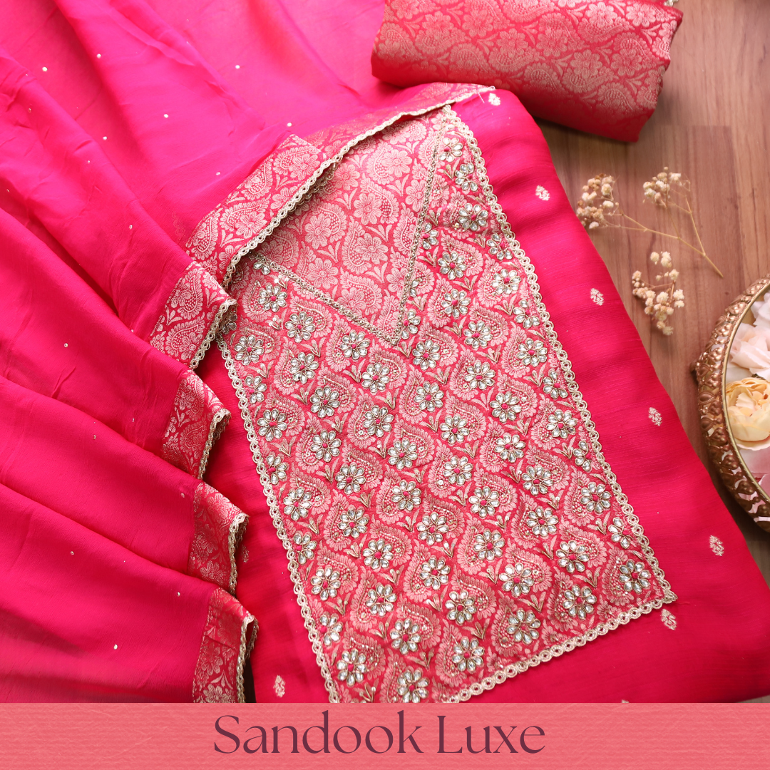 Naari Rani Pink Brocade Yoke with Embellished Work Dols Silk Set