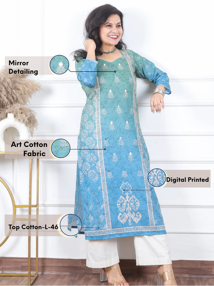 Kranti Ocean Blue All over Mirror Work Printed Art Cotton Kurti