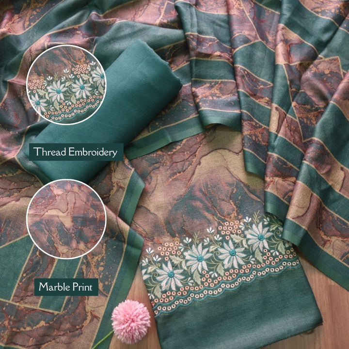 हसीन Cerulean Green Embroidered Hem Printed Semi Pashmina Winter Suit Set