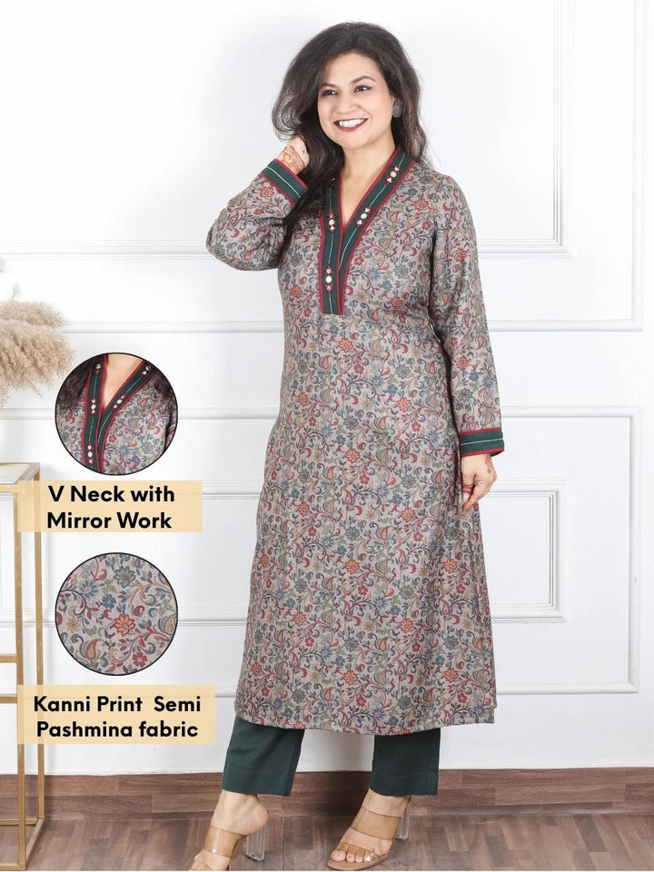 Pranjali Tan Beige V Neck with Mirror Work Kanni Print Semi Pashmina Winter Kurti