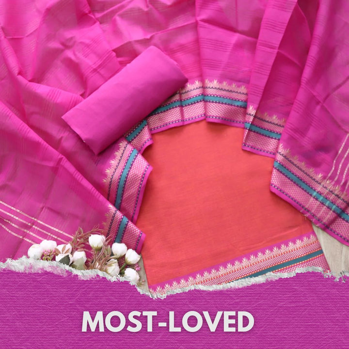 Sanskruti Orange with Magenta Dupatta South Cotton Mangalgiri Hem Suit Set