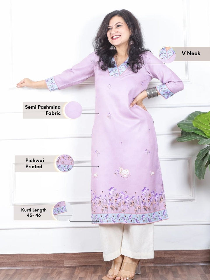 निकुंज Soft Lilac Pichwai Print V Neck Semi Pashmina Winter Kurti