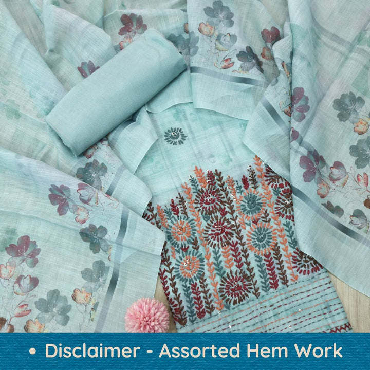 Zulfa Sea Blue Digital Printed Kantha Embriodery Hem Tissue Linen Suit Set