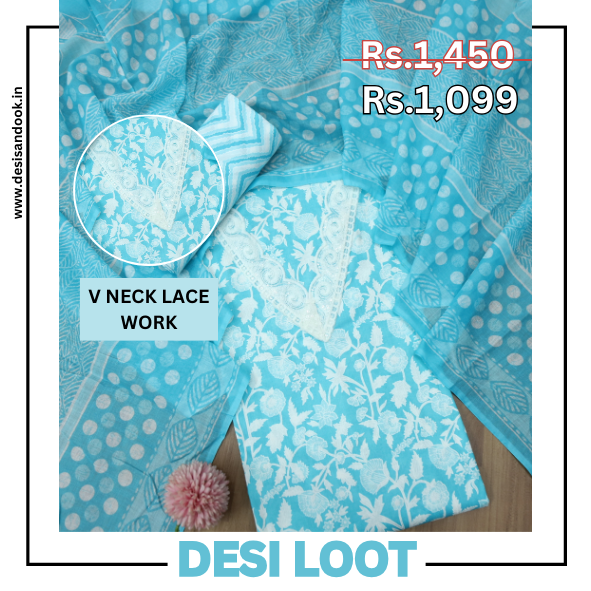 Gulbahar Baby Aqua Blue V Neck Lace Work Floral Printed Cotton Suit Set