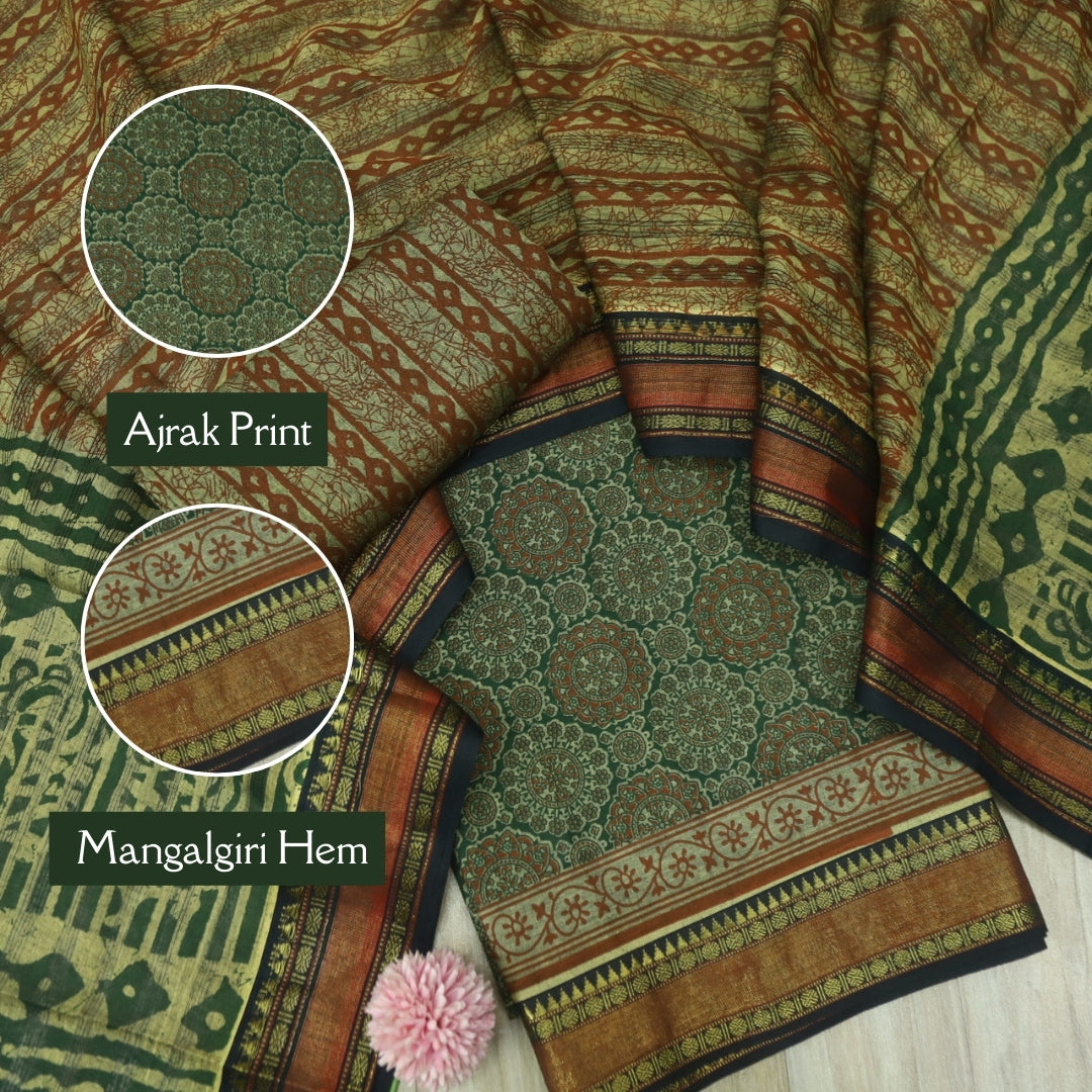 हीरल Grass Green Ajrak Printed Mangalgiri Hem Work Cotton Suit Set