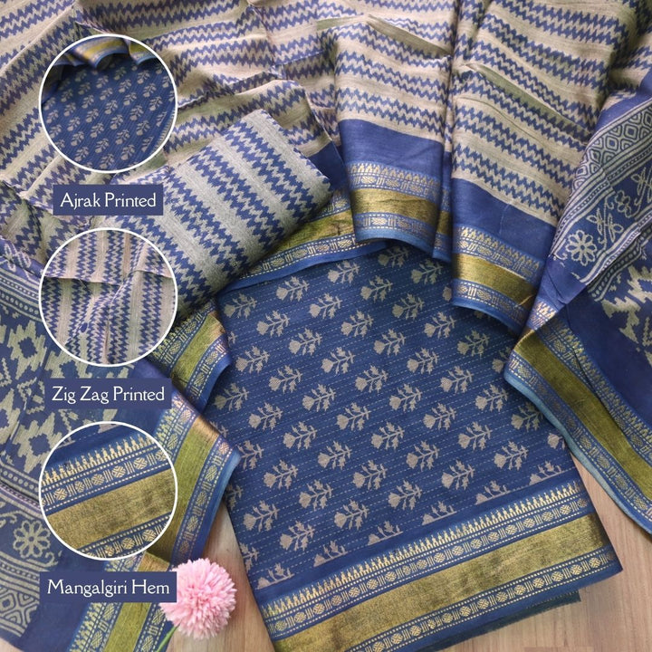Zinat Denim Blue Digital Printed Mangalgiri Hem Work Cotton Suit Set