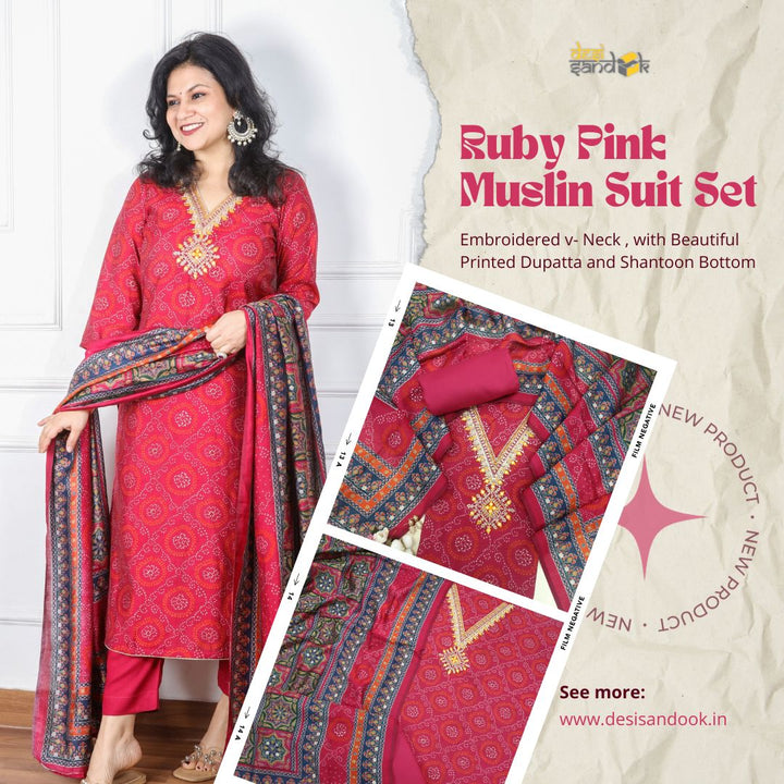 Ehtiyaat Ruby Pink V Neck Embellished Modal Top With Cotton Silk Dupatta