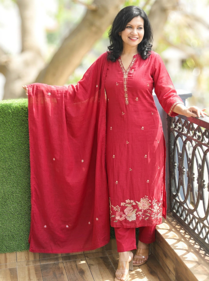 Rimjim Berry Red Embroidered Hem Mul Cotton Set