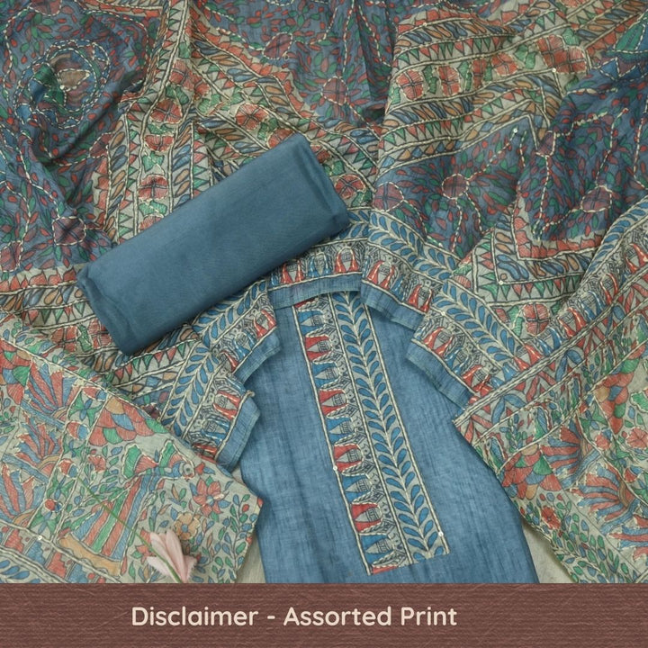 Khalasi Pebble Blue Madhubani Printed Chanderi Kantha Work Suit Set