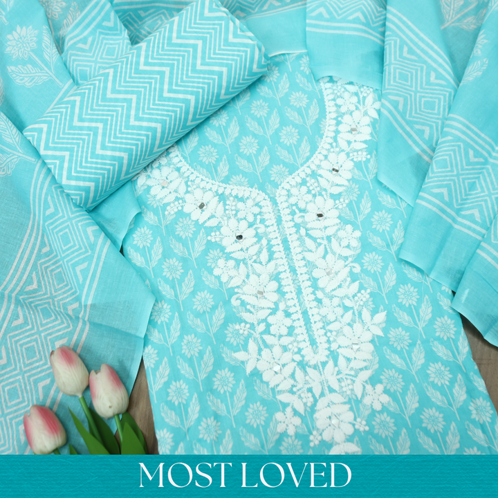 Aaruhi Ice Aqua Chikankari Inspired Neck Printed Cotton Set