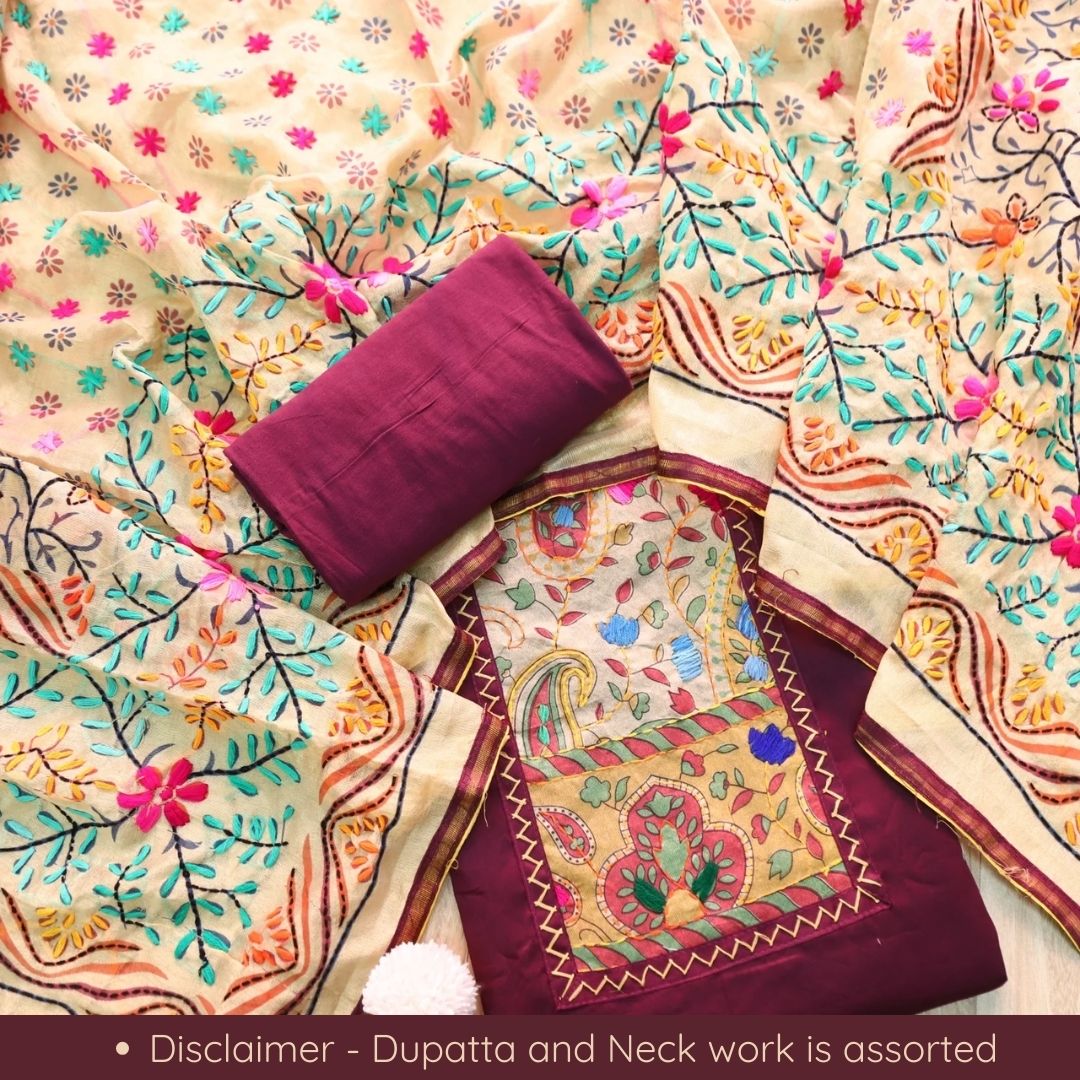 Farishta Purple Kantha Phulkari Fusion Work Glazed Cotton Suit Set D2