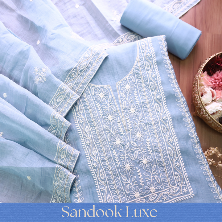 Vamika Bluish Grey Chikankari Panel Mul Chanderi Set
