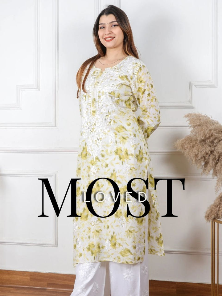 Kalakaar Light Mint Green Floral Printed Chikankari Mul Cotton Kurti