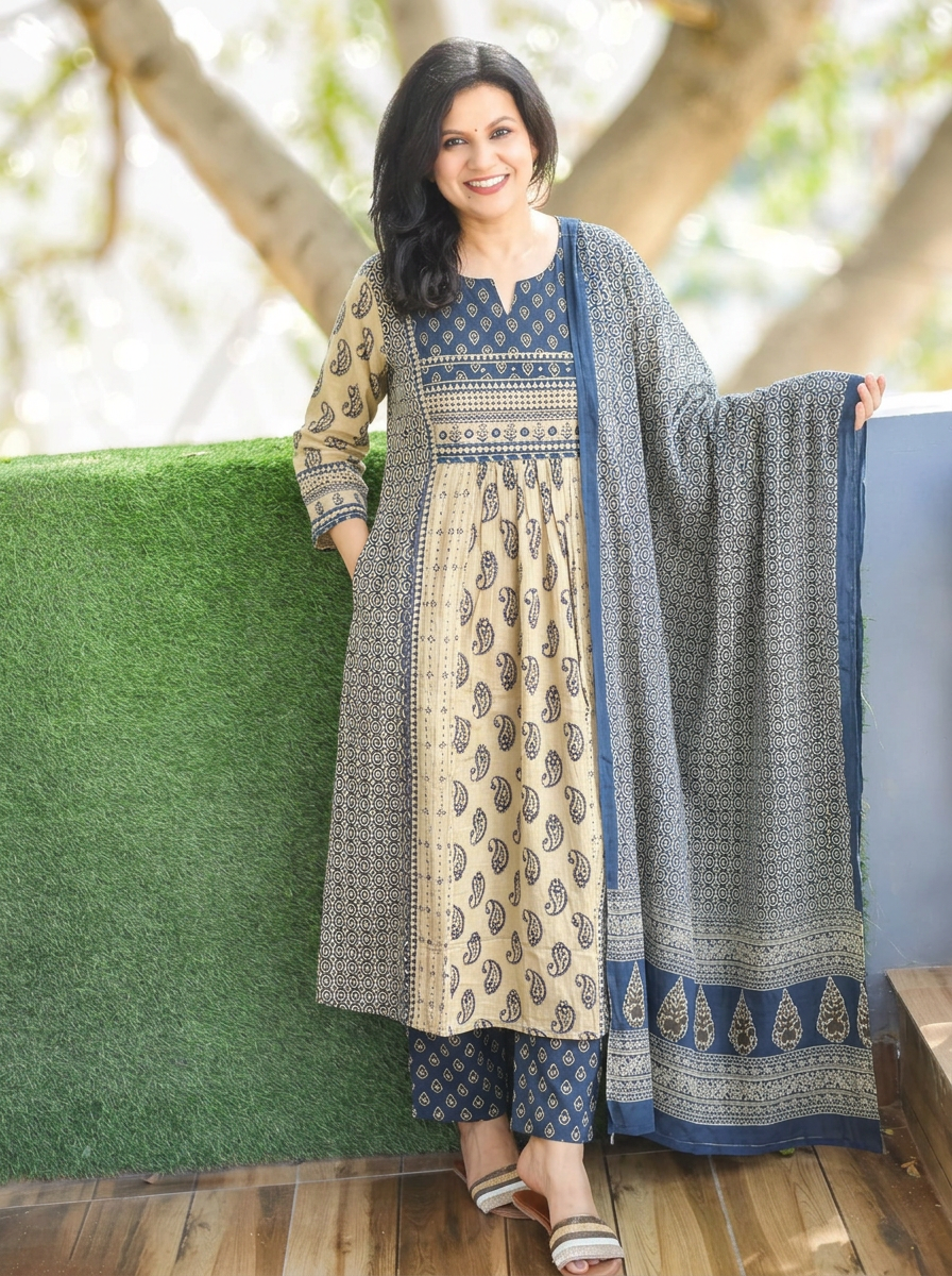 Parineeti Beige Blue Panel Style Cotton 3 Piece Set
