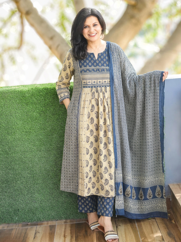 Parineeti Beige Blue Panel Style Cotton 3 Piece Set