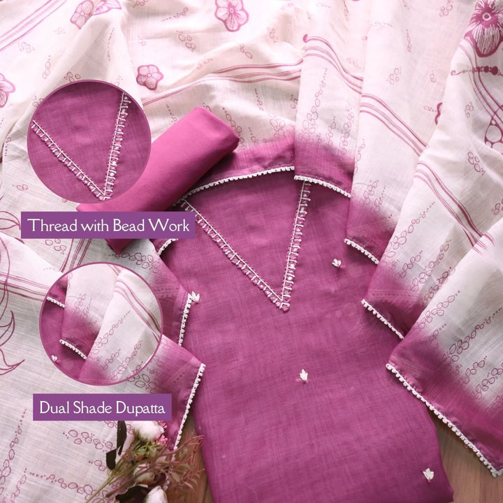 Kamaya Mauve Pink V Neck Thread with Pearl Moti Work Cotton Linen Suit Set