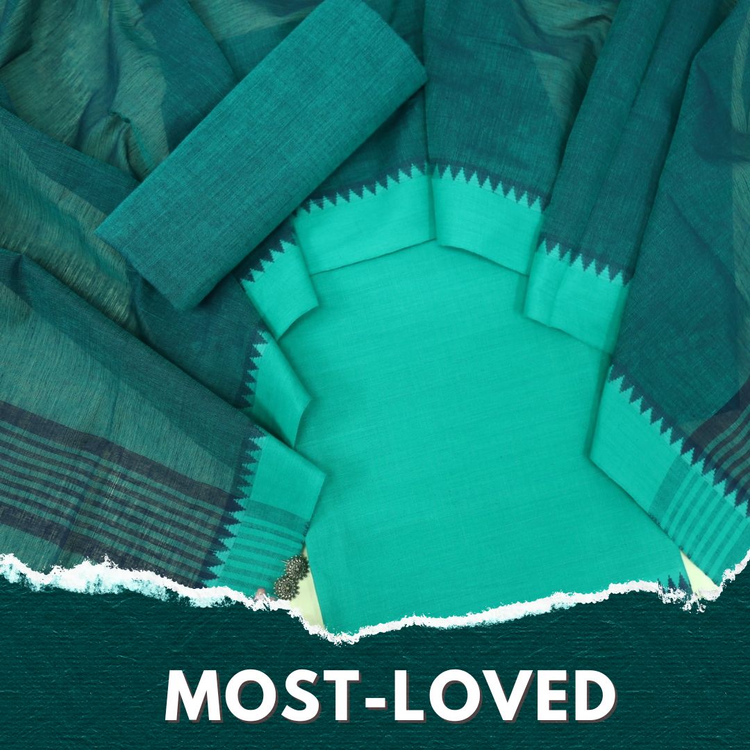 Sanskruti Teal Blue with Dark Blue Dupatta South Cotton Temple Hem Suit Set