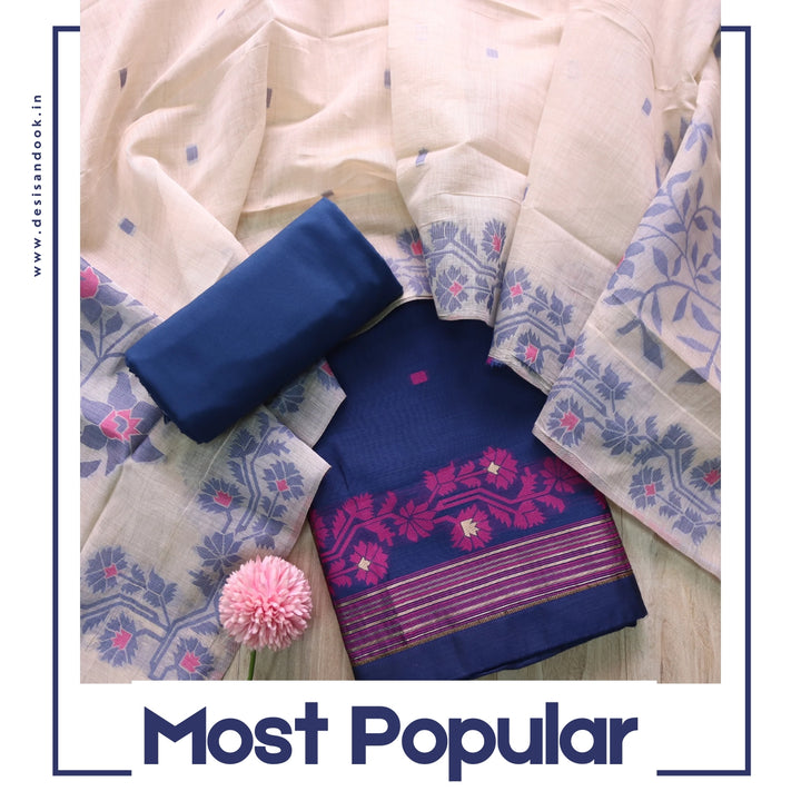 Surya Royal Blue Floral Authentic Jamdani Weaved Suit Set