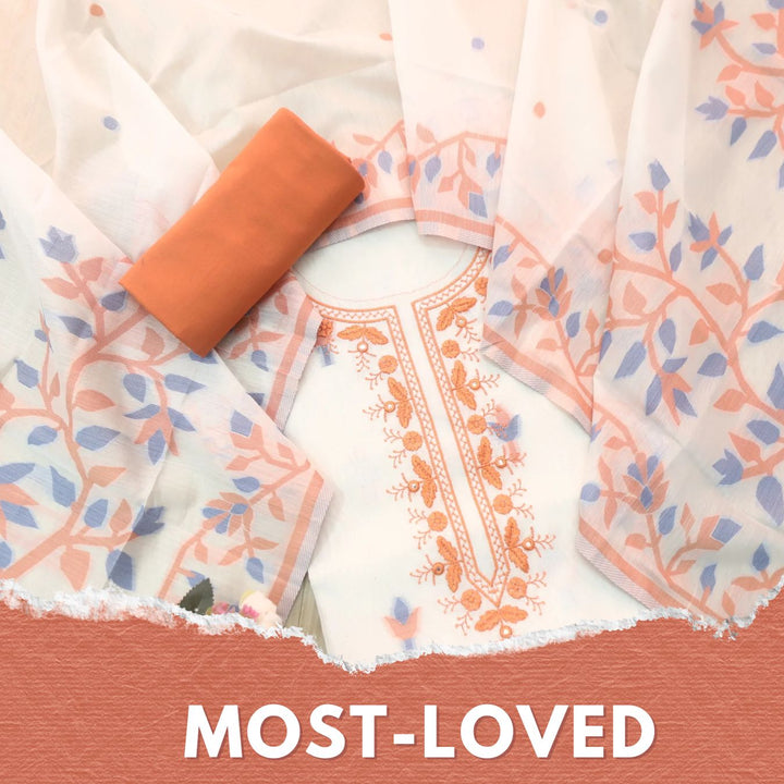 Faasla Tangy Orange Thread Embroidered Neck Work Jamdani Weaved Suit Set