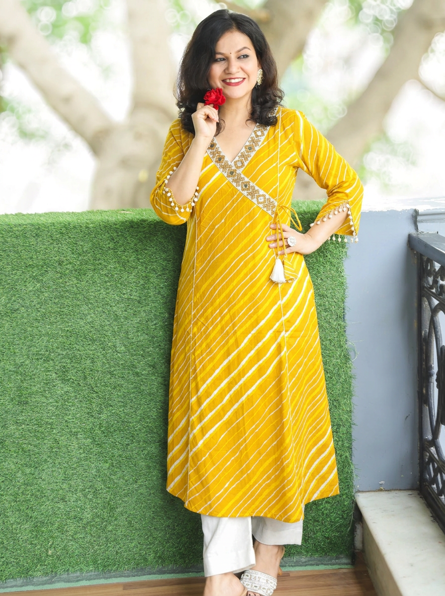 Lehar Sunflower Yellow Panel Style Leheriye Cotton Kurti