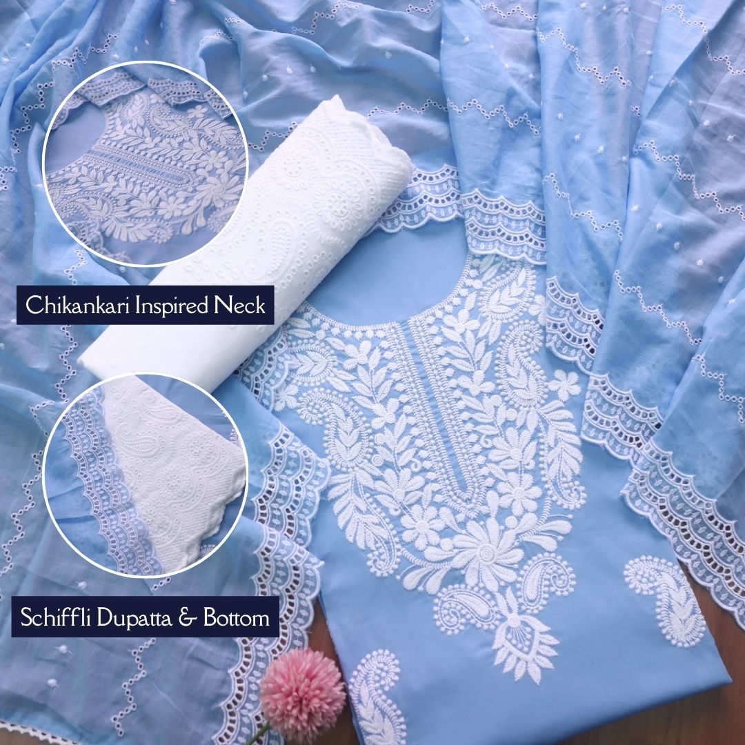 Nadaani Solid Blue Chikankari Inspired Neck Thread Work Cotton Suit Set