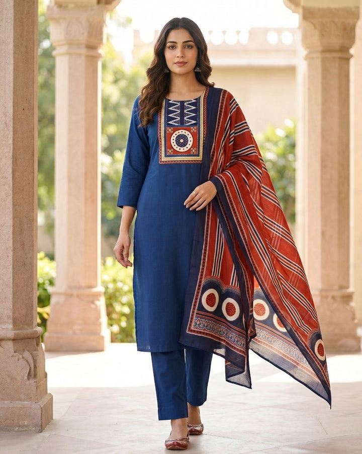 Anisa Royal Blue Ajrakh Printed Yoke with Mirror Cotton Set