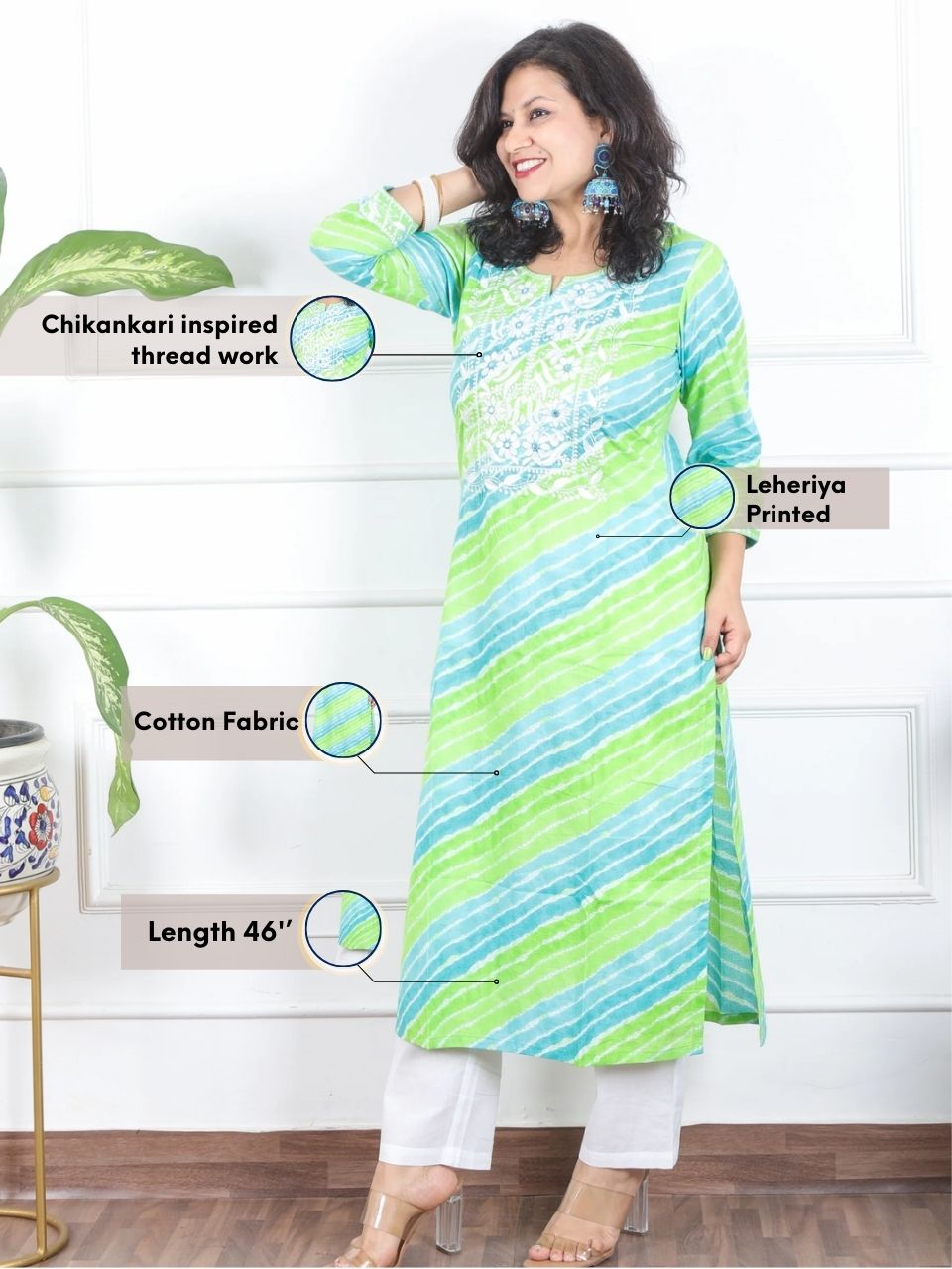 Lehrayi Mint Green Leheriya Print Thread Embroidered Work Cotton Kurti