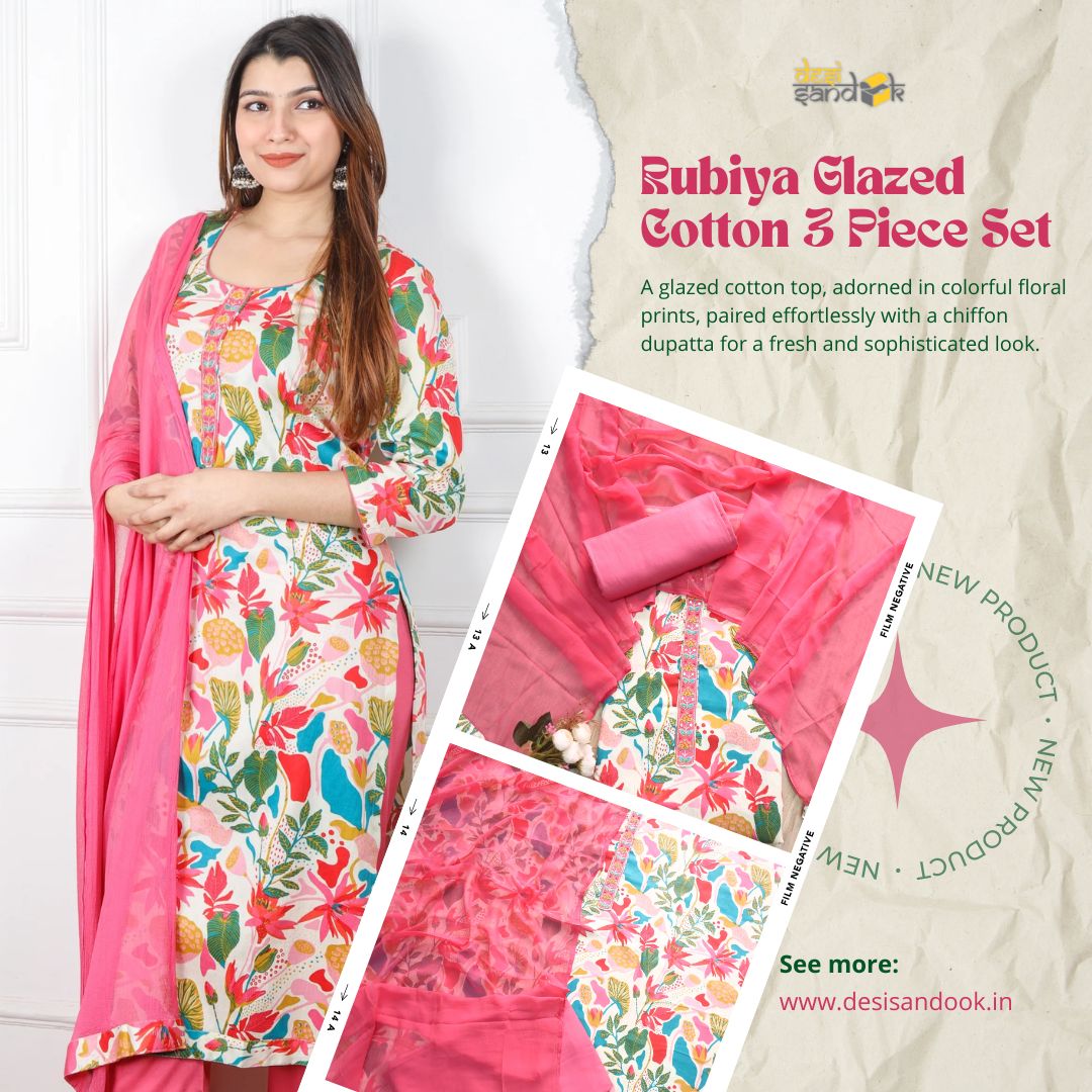 Gulbahar White Base With Colorful Floral Printed Glazed Cotton Suit Set