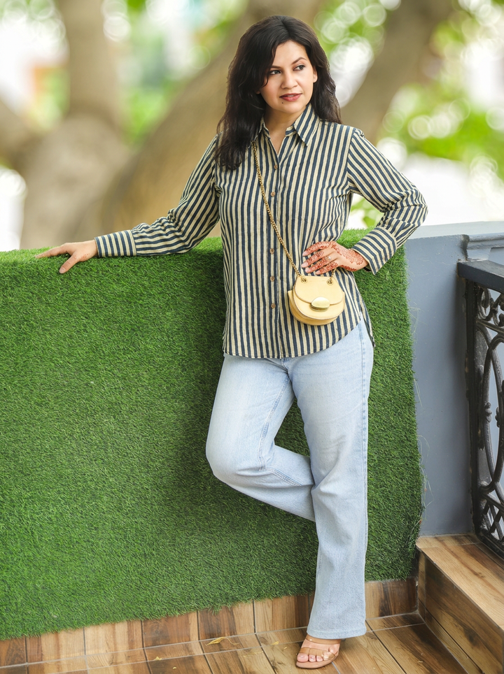 Himani Black White Stripe Print Wood Button Cotton Shirt
