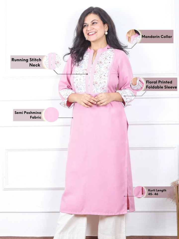 चांदनी Soft Pink Floral Printed Patch in Semi Pashmina Winter Kurti