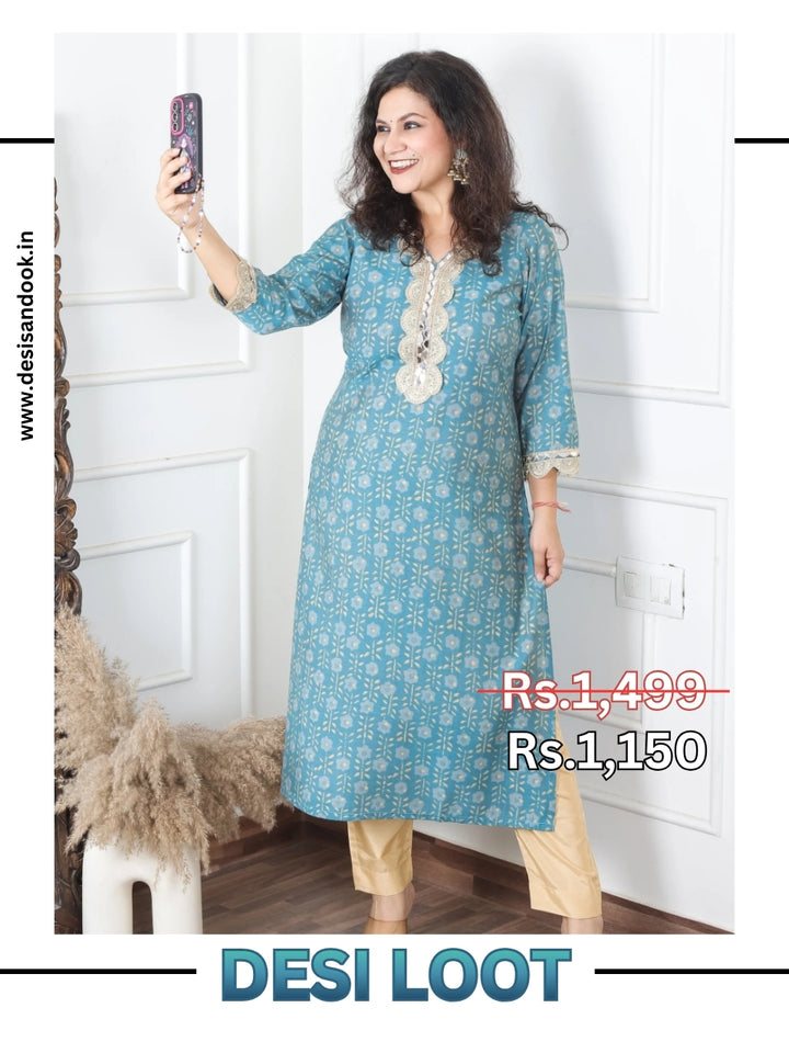 Sohni Turq Teal V Neck with Embellish Mirror Lace and Foil Work Printed Modal Kurti