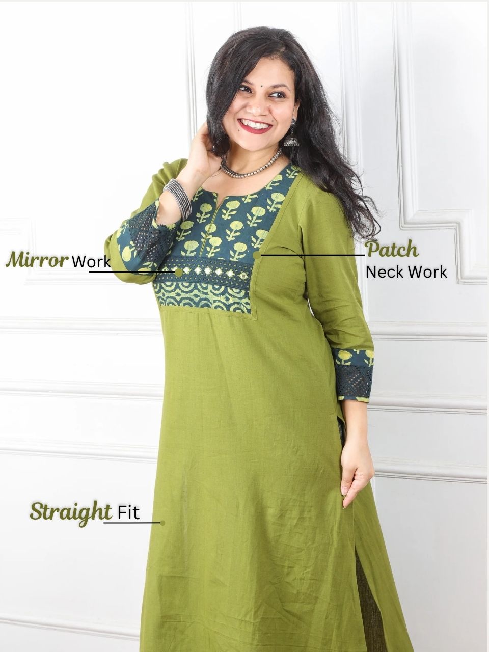 Hanniyaan Mehendi Green Dabu Neck Patch Work Cotton Flex Kurti