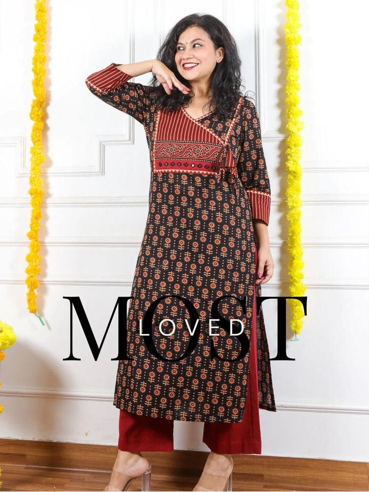 Rooh Crow Black Angrakha Neck Yock with Printed Cotton Kurti