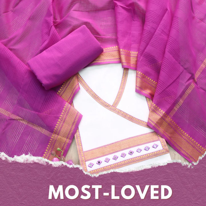 Sanskruti Pearl White Angrakha Style South Cotton Mangalgiri Hem Suit Set