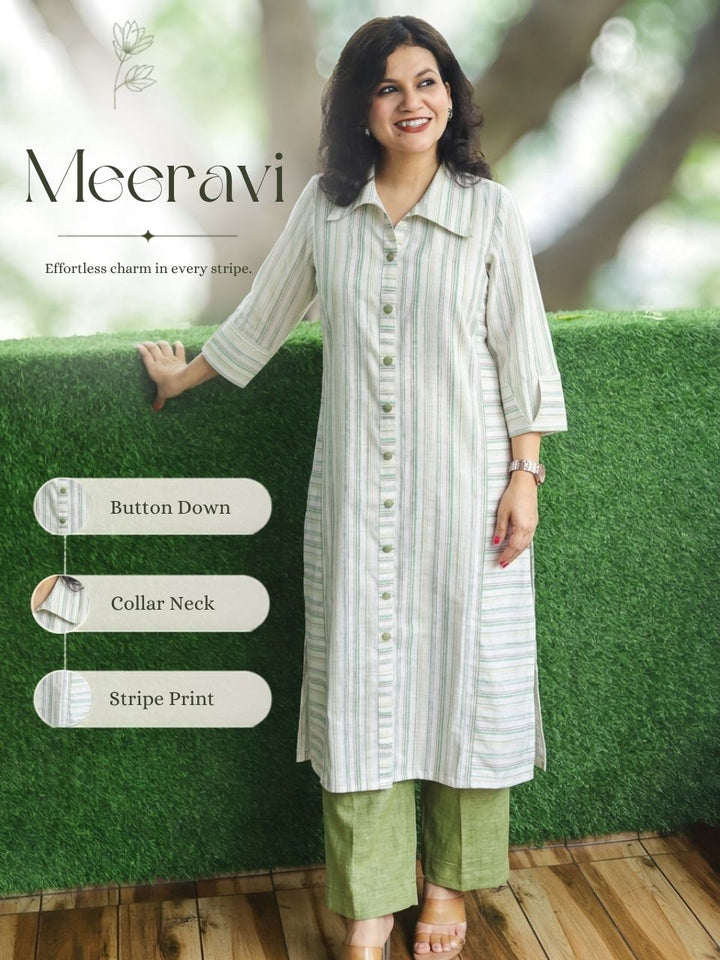 Meeravi White Green Stripe Print Cotton Co-ord Set