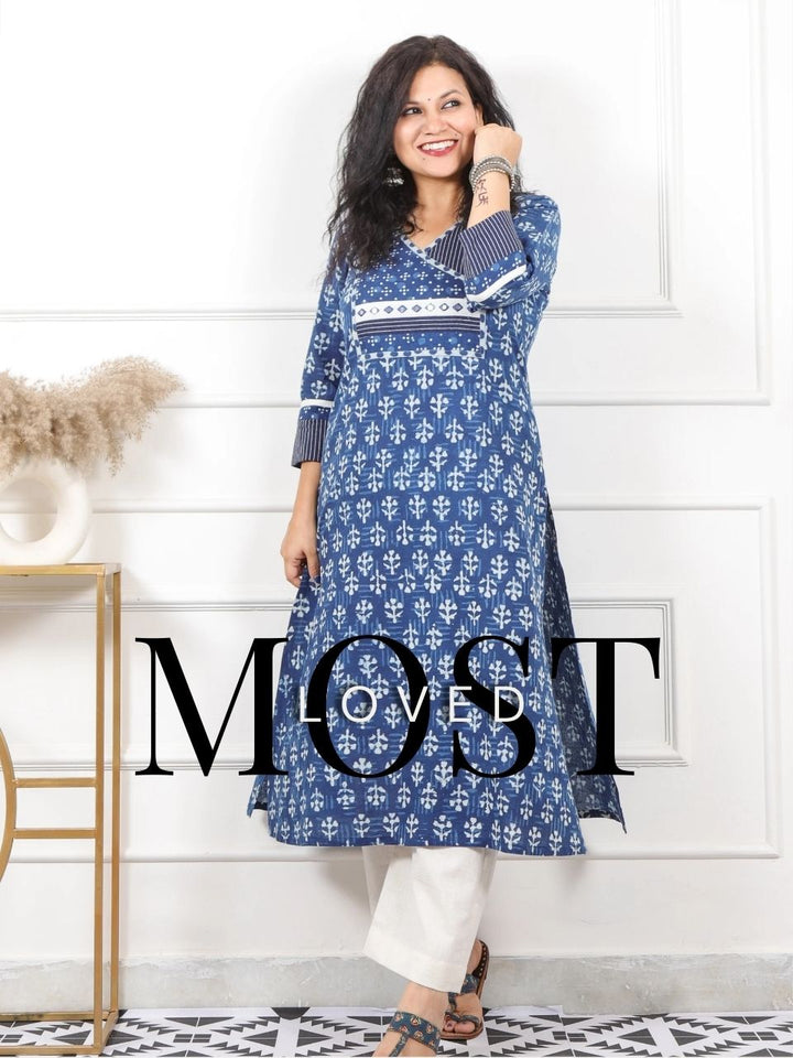 Suhana Royal Indigo Angrakha Style In Dabu Printed Cotton Kurti