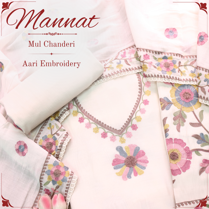 Mannat Shell White Aari Embroidered Hem Mul Chanderi Set